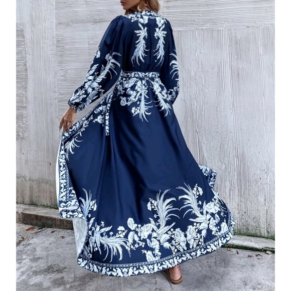 Boho Plants Print V Neck Belted Wrap Dress - Picture 5 of 9